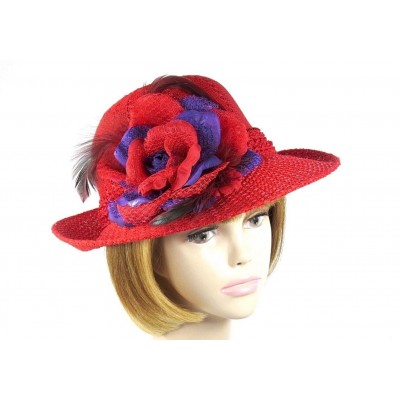 Red Fedora Church Derby Dress Hat Lace and Silk Flower Feathers Society Ladies  eb-87988549
